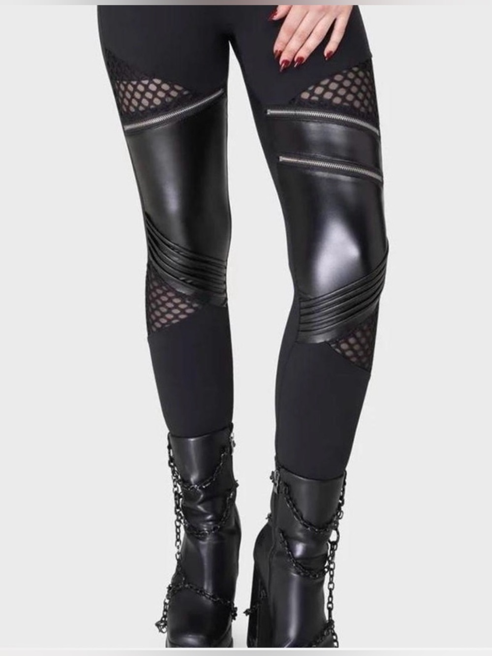 Killstar Faux Lesther Neo Noir Leggings with Fishnet and Zipper Detail, Sz XL